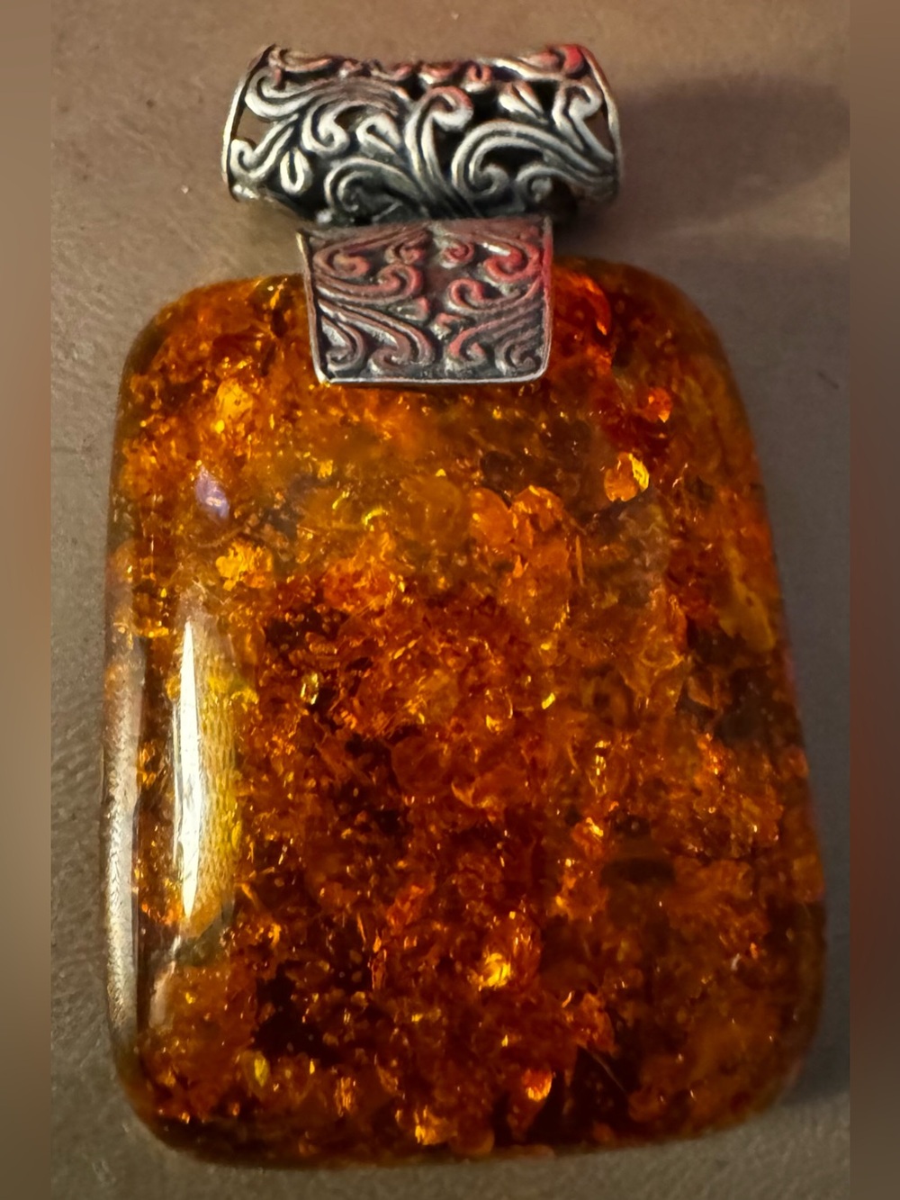 Vintage Amber Resin Pendant with Ornate .925 SSP Silver Bail